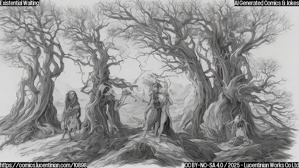 Two cartoon figures with long hair, one with a goatee, standing under a large, bare tree in a desolate landscape. The style is flat and minimalistic with plain colors. They look bored and are shrugging their shoulders.