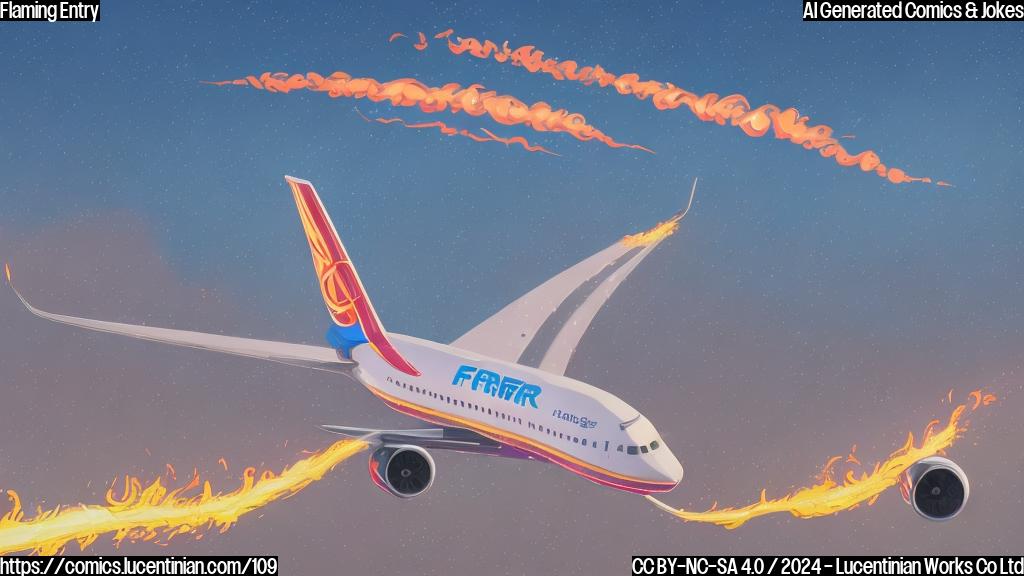 Draw a cartoon-style illustration of a commercial airliner (similar to Frontier Airlines) with flames and smoke shooting out from under its landing gear during landing at an airport. The plane's undercarriage should be visible, and the flames should be depicted in bright red colors. In the background, include a blurred image of a Las Vegas airport terminal building, such as Harry Reid International Airport. The overall tone of the drawing should convey a sense of urgency and chaos. Include a few passengers in the foreground, looking shocked or startled by the sudden fire. The style should be reminiscent of classic cartooning, with bold lines, simple shapes, and minimal details.