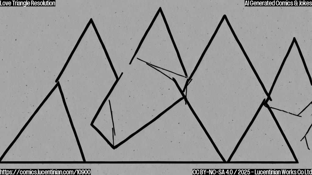 A plain cartoon of a sad equilateral triangle with teary eyes, walking away from two other triangles (an isosceles triangle and a scalene triangle) holding hands, all on a white background.
