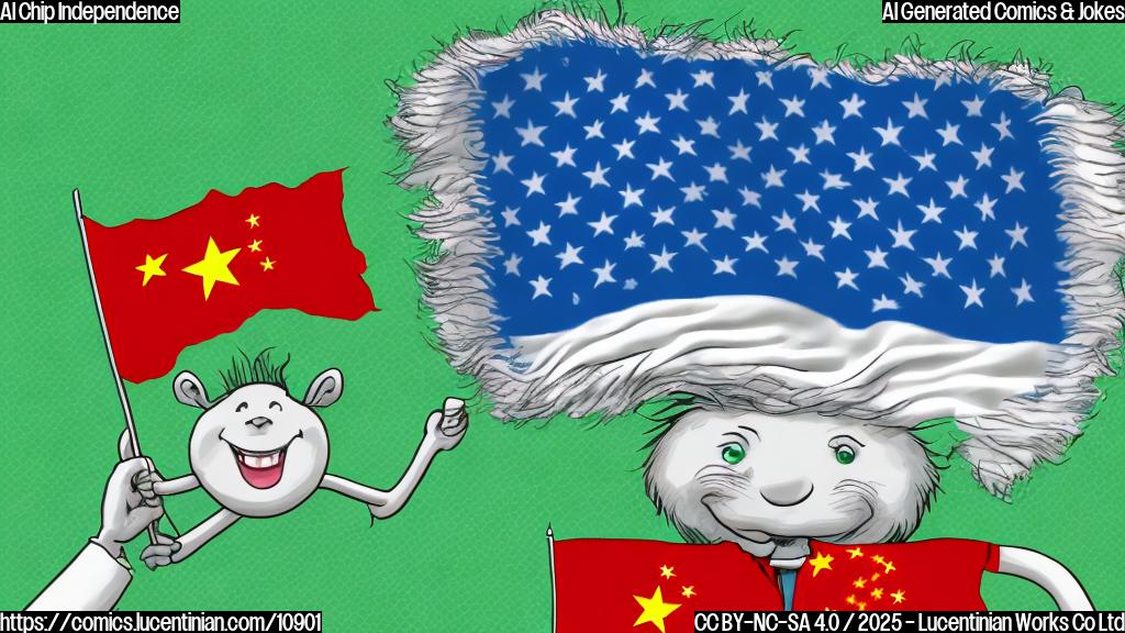A simple cartoon of a smiling microchip waving a small Chinese flag, standing next to a sad, expensive-looking, but more advanced microchip with an American flag on it. The background is a plain light green color.