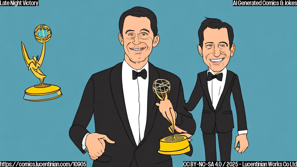 A plain color cartoon style picture showing a late-night talk show host, depicted as a smiling man in a suit holding an Emmy award and standing on a small ladder. The background is a simple stage with abstract award decorations.