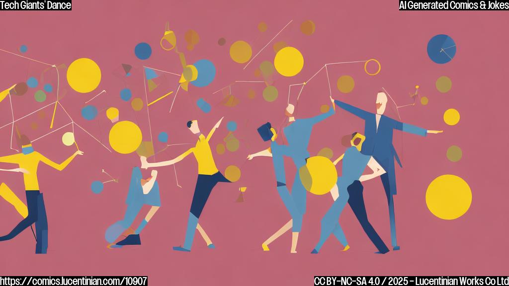 A flat, plain color cartoon image depicting three abstract shapes representing a database company, a venture capital firm, and a private equity group dancing together under a spotlight. The shapes are simple and geometric, with no distinguishing features except for their color. Background is one single plain color.