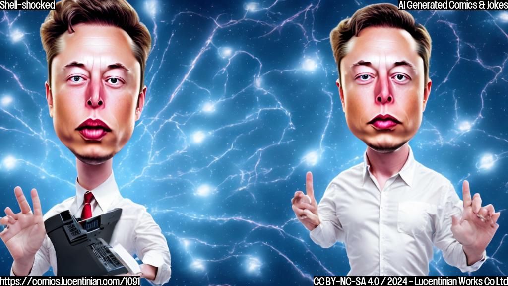 a comedic, cartoon-style image of a person with a shocked expression, holding a keyboard, with a faint image of Elon Musk's face in the background