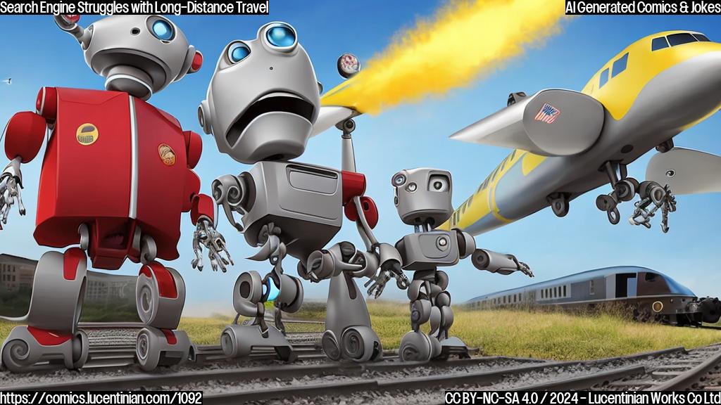 A cartoon of two robots, one holding a map and the other looking confused, standing in front of a train track, with a plane flying by in the background.