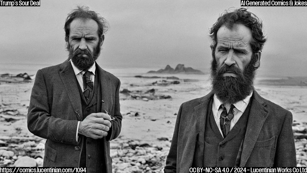 A gruff, middle-aged man in a suit with a scruffy beard and a hint of a scowl on his face, standing in front of a bleak, polluted landscape with a faintly receding hairline. He has a worn leather briefcase in one hand and a greedy gaze in his eye.