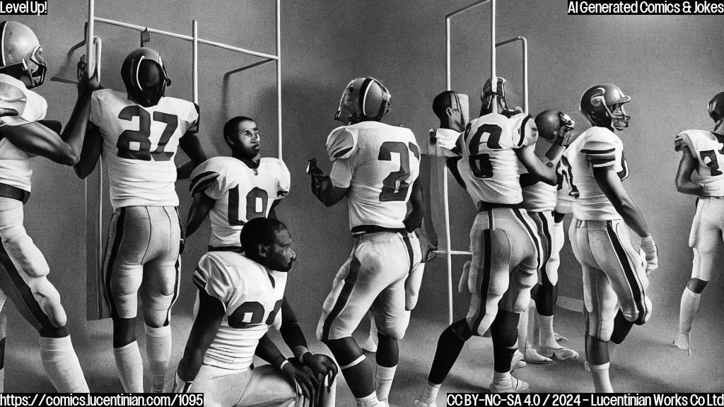 Describe an image of a football player standing in front of a ladder in the locker room, wearing a determined expression and holding onto the rungs for support. The rest of the team is watching from the sidelines, looking excited and hopeful.