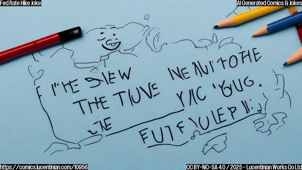 A cartoon style image with a plain light blue background. In the center, draw a sad-looking anthropomorphic stock chart with a downward trend line. Next to it, draw a speech bubble that says "It's not you, it's the Fed!".