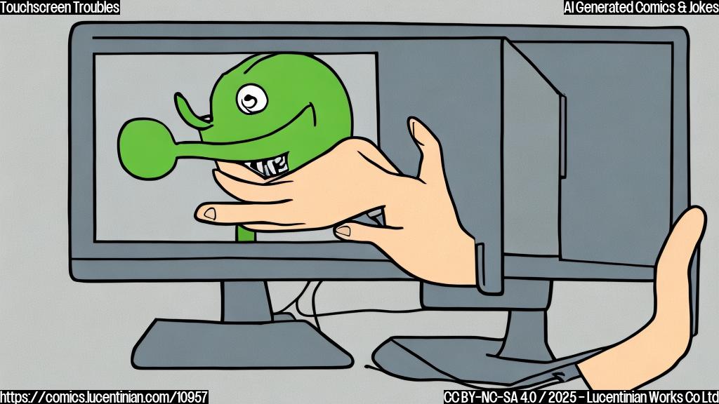 A simple, plain color cartoon of a confused looking computer monitor with a hand reaching out to touch its screen. The computer monitor has a slightly worried expression on its screen. The background is a light, neutral color.