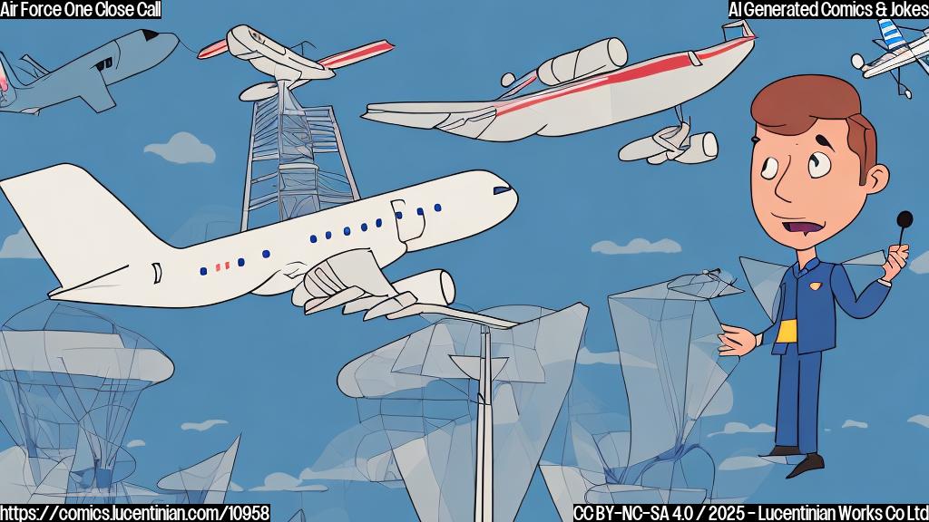 A cartoon image of an air traffic controller in a control tower yelling into a microphone. In the background, two simplified airplane shapes are visible - one much larger than the other. The smaller plane is dangerously close to the larger plane. The scene is brightly colored and simplified.
