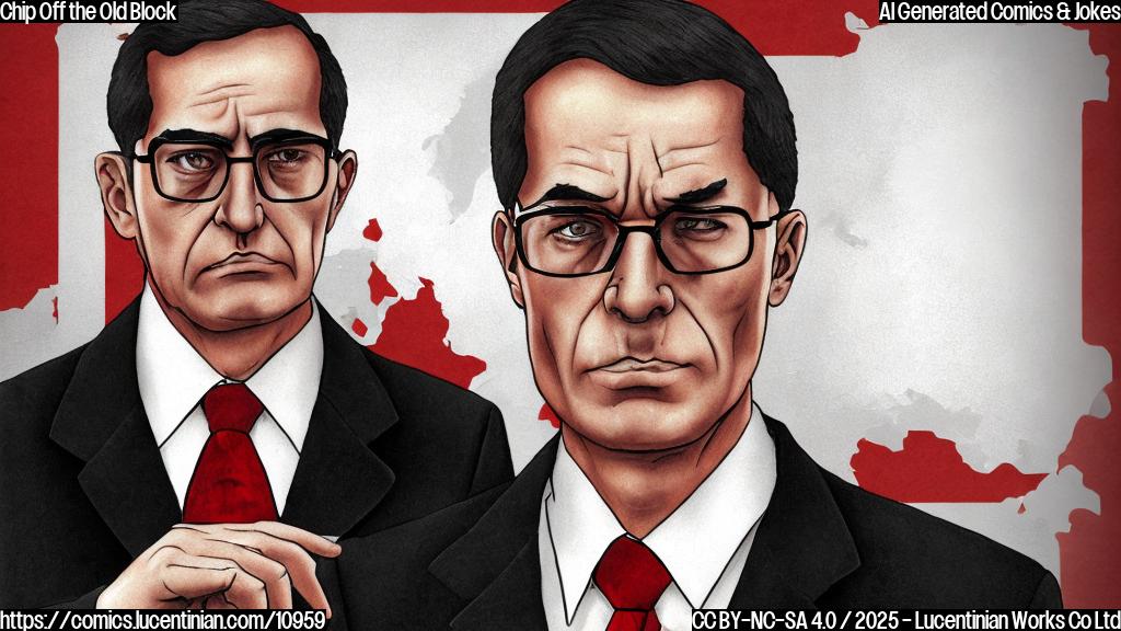 Plain color cartoon style, a stern-looking government official in a dark suit and glasses holding a computer chip with an angry expression. The background is a solid red.