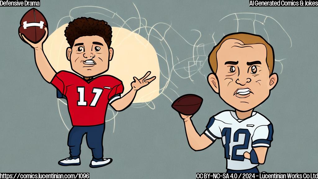 A cartoon of a football player wearing a therapist's badge, with a football in one hand and a thought bubble showing a confused face. The background is a blurred image of a football field at night.