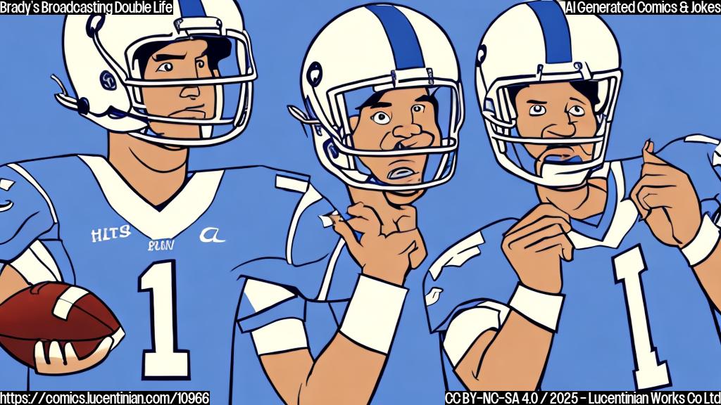 A cartoon-style illustration of a football quarterback wearing a headset and holding a microphone in one hand, while the other hand is reaching for a slice of pie. The background is a simple, plain blue color.