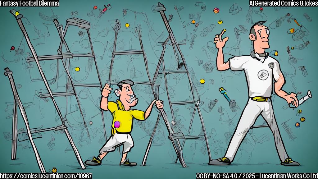 Cartoon illustration. A football coach with a whistle around his neck and a clipboard in his hand stands next to a tall metal ladder. He is pointing dramatically at a whiteboard with stick figures representing wide receivers on it. Some figures are brightly colored, others are faded. The background is a plain, light green.