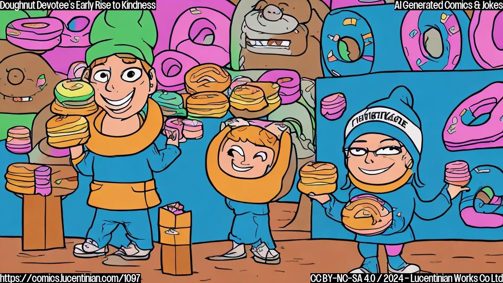 Draw a plain color cartoon style picture of a person in a cozy sweatsuit with a big smile, holding a dozen boxes of doughnuts and standing in front of a Krispy Kreme storefront on World Kindness Day.