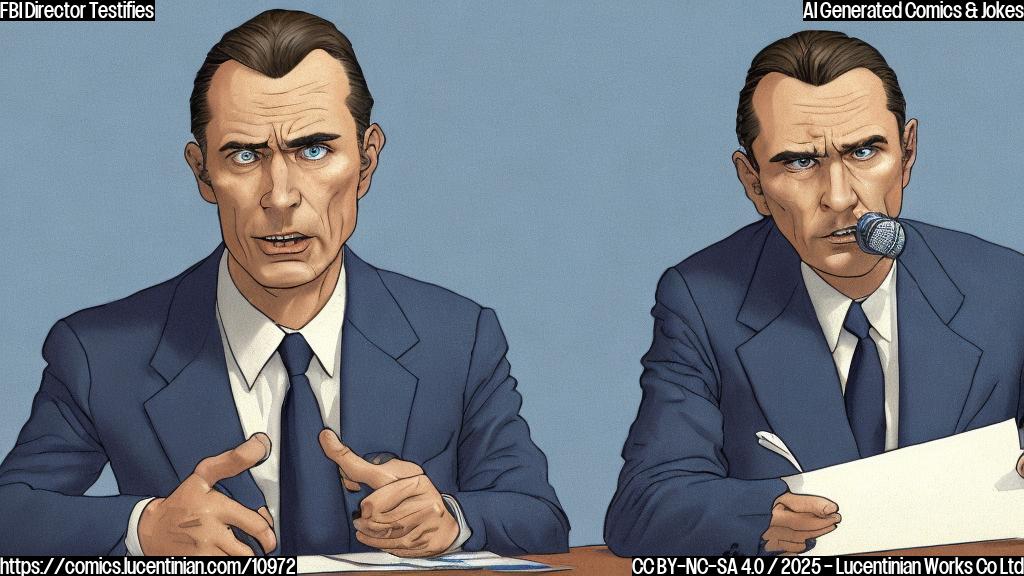 A cartoon style image. Plain background in light blue. Depict a serious-looking man in a dark suit sitting at a table with a microphone in front of him. On either side of him, depict several figures with exaggerated expressions of surprise and frustration, some holding papers. The overall mood should be tense and comedic.