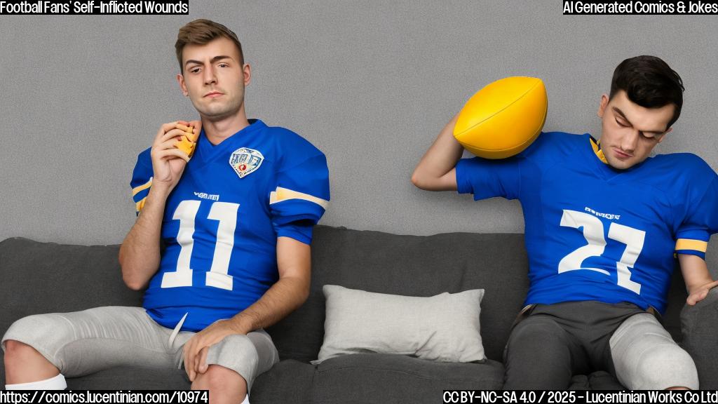 A sad, cartoon-style football fan with a blue jersey, sitting on a couch looking dejected while holding a football. The background is a plain yellow.