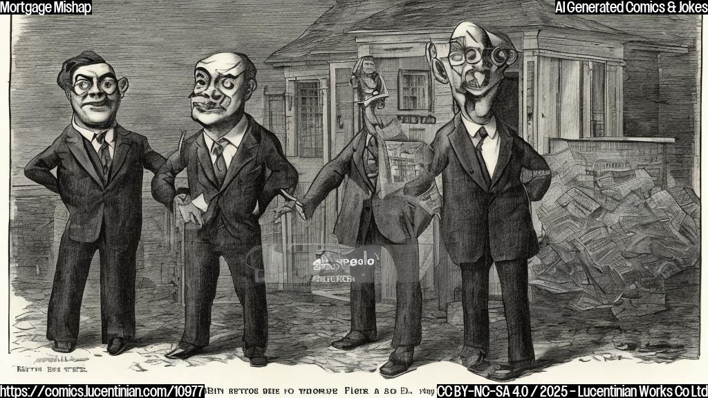 Cartoon of a man wearing a suit, with two faces (one on the front, one on the back of his head), standing in front of two identical houses with mortgage papers sticking out of his pockets, plain color background.