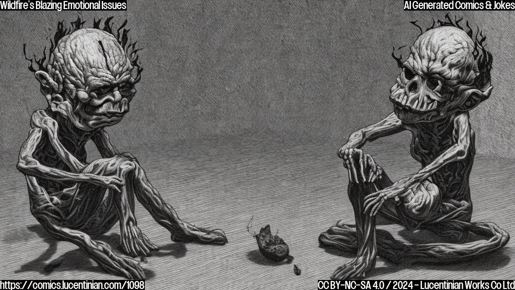 A small, humanoid figure with charred skin and a smoldering ember for a head, surrounded by flames and smoke, is sitting on a therapist's couch.