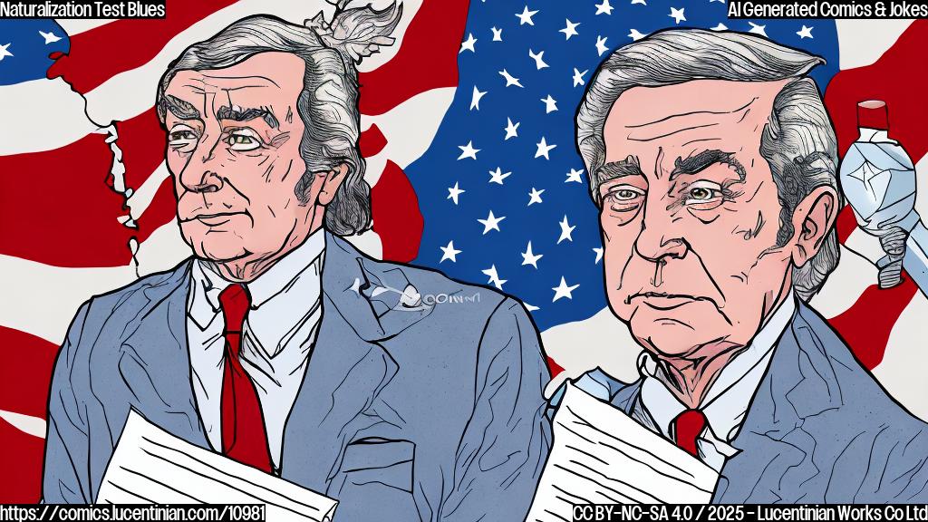 A cartoon-style drawing of a person sweating nervously in front of a large multiple-choice test with questions about U.S. history and government. The test paper says "Naturalization Test 2025" at the top. The background is a plain light blue color.