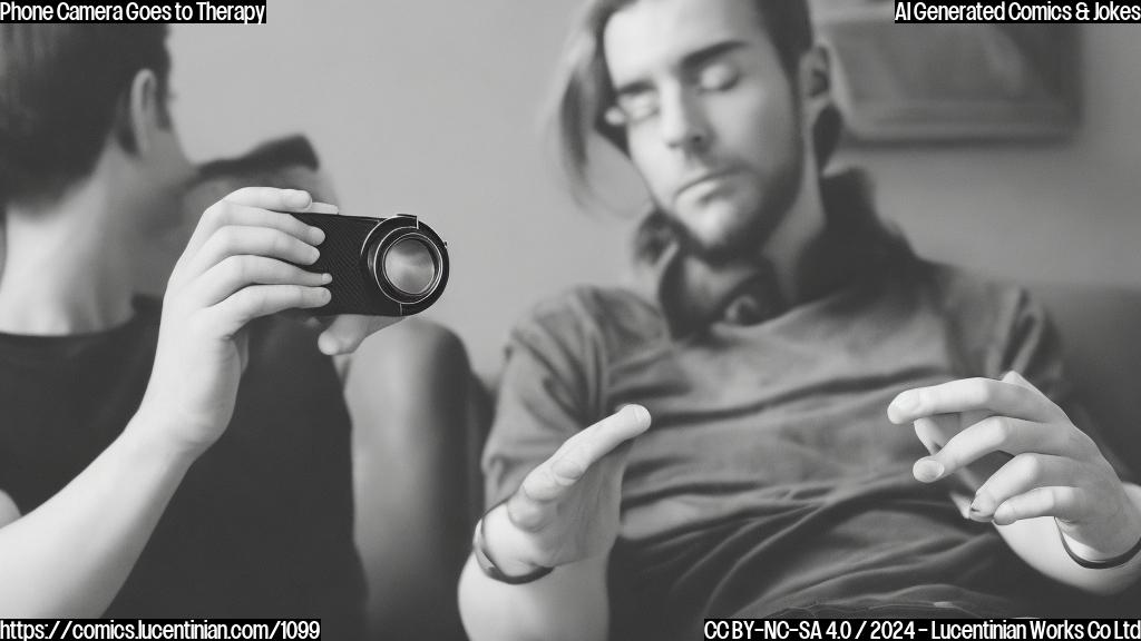 a phone with a retro-style analog camera lens and a confused expression, sitting on a therapist's couch next to a smartphone with a cracked screen and a confused human in the background