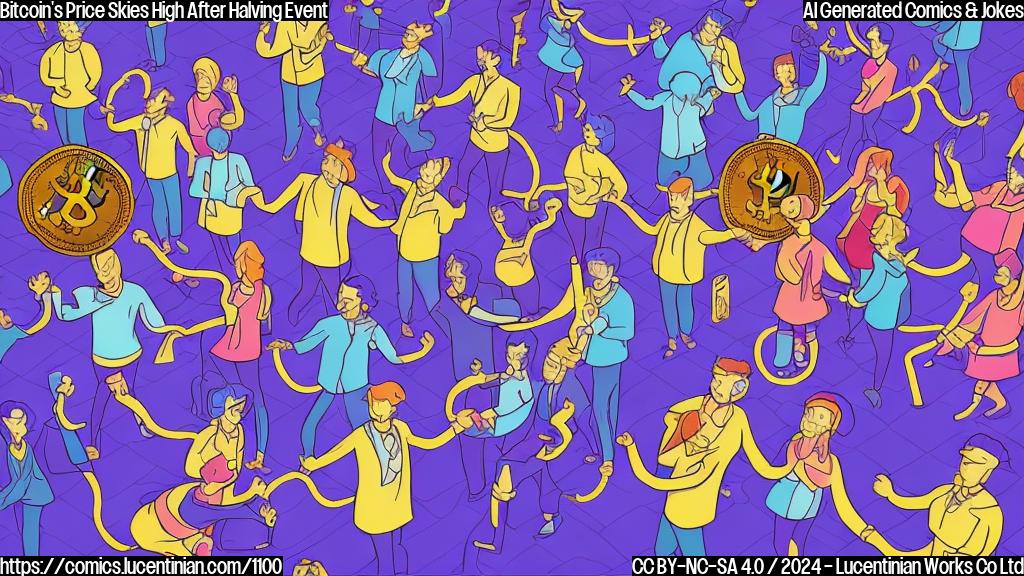 Draw a cartoon-style illustration of a party scene with people holding hands, forming a chain. The background should have a grid-like pattern representing blockchain technology. Incorporate a few coins and Bitcoin-themed elements to enhance the theme.