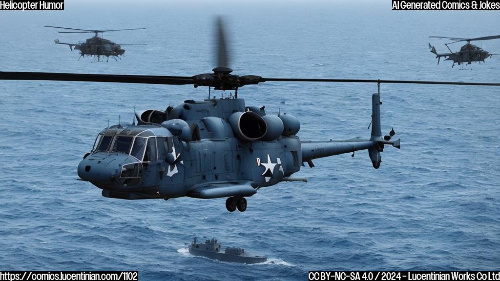 A blue military helicopter with a sleek, aerodynamic design and a pair of massive rotors stands proudly on the runway, with a hint of a smile on its metal face. In the background, a naval vessel can be seen patrolling the waters, with submarines lurking beneath the surface.