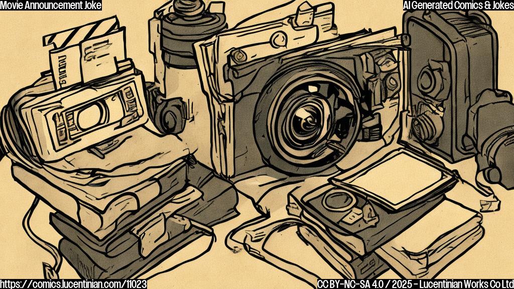 Plain color cartoon style picture of a slightly disappointed book with a movie camera in the background.