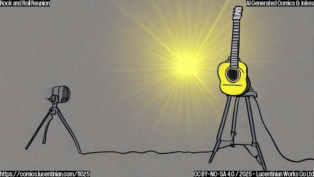 A simple cartoon image with a plain yellow background. In the center, a slightly out-of-tune electric guitar rests against a microphone stand. A spotlight shines weakly on the guitar.