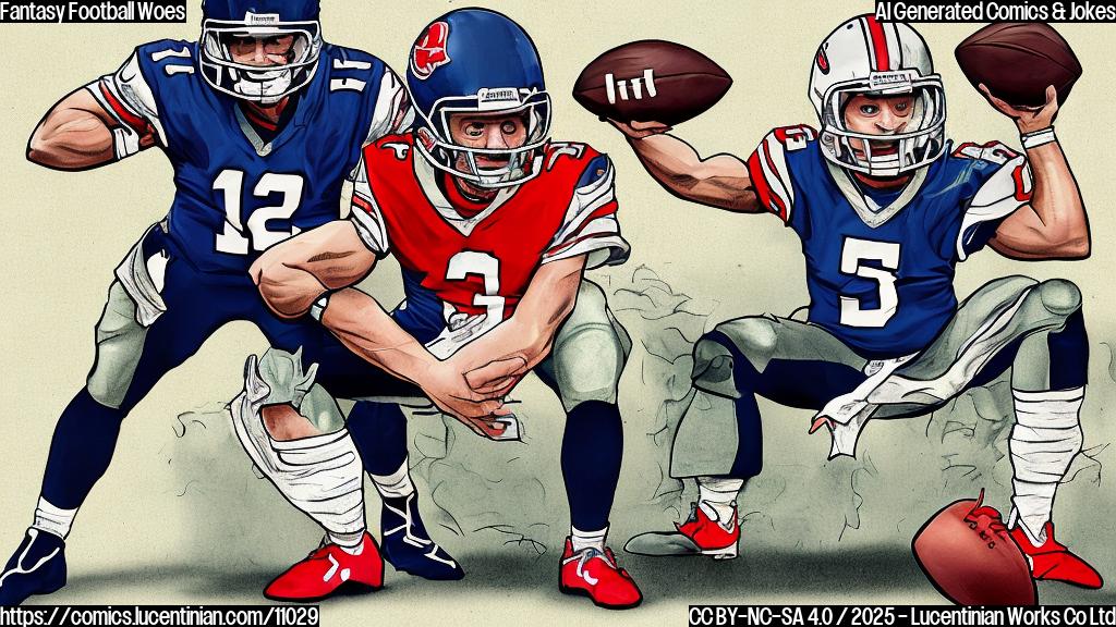 A cartoon drawing of a frustrated fantasy football player sitting on a couch with a deflated football, looking angrily at a television screen showing a pixelated quarterback throwing a very short pass. The color pallette is muted and pastel.