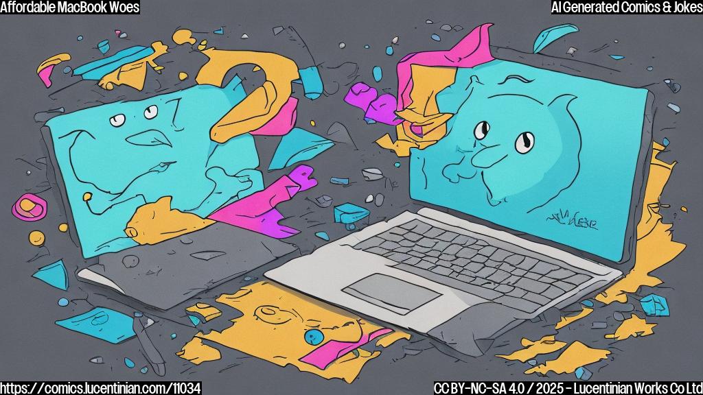 Cartoon illustration in a simple, flat color style. An old, slightly beat-up, but clearly high-end laptop with a sad face is looking away from a brand-new, brightly colored laptop with a simplistic design and a phone chip symbol on it. The expensive laptop has an aura of sadness. The background is a neutral grey.
