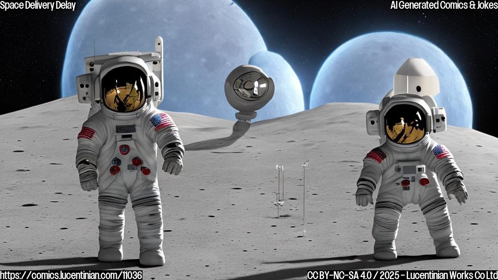 A cartoon image in a plain color style featuring a frustrated astronaut in a spacesuit standing next to a rocket-shaped spaceship on the surface of the moon. The astronaut is holding a parking ticket, and a small, hovering robot with a police hat is pointing at the spaceship with a mechanical arm. The lunar landscape is simple with a few craters and a distant Earth in the background.