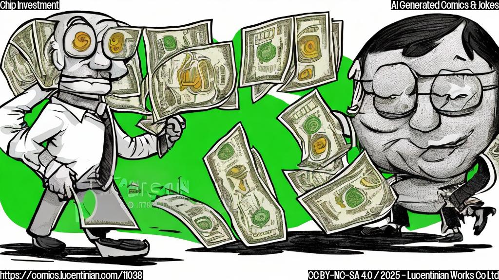 Cartoon illustration of a brown central processing unit character walking across a road towards a green graphics processing unit character holding a large bag with a dollar sign on it, plain background.