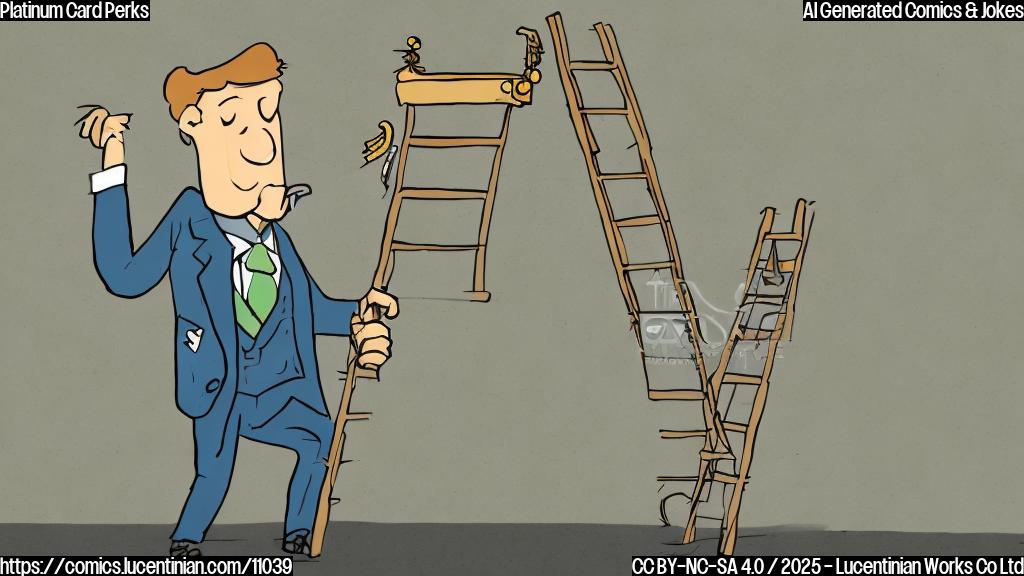A simple cartoon of a person in a suit carrying a ladder towards a fancy restaurant with a large dollar sign on top. The color scheme should be plain, with a focus on contrasting colors.