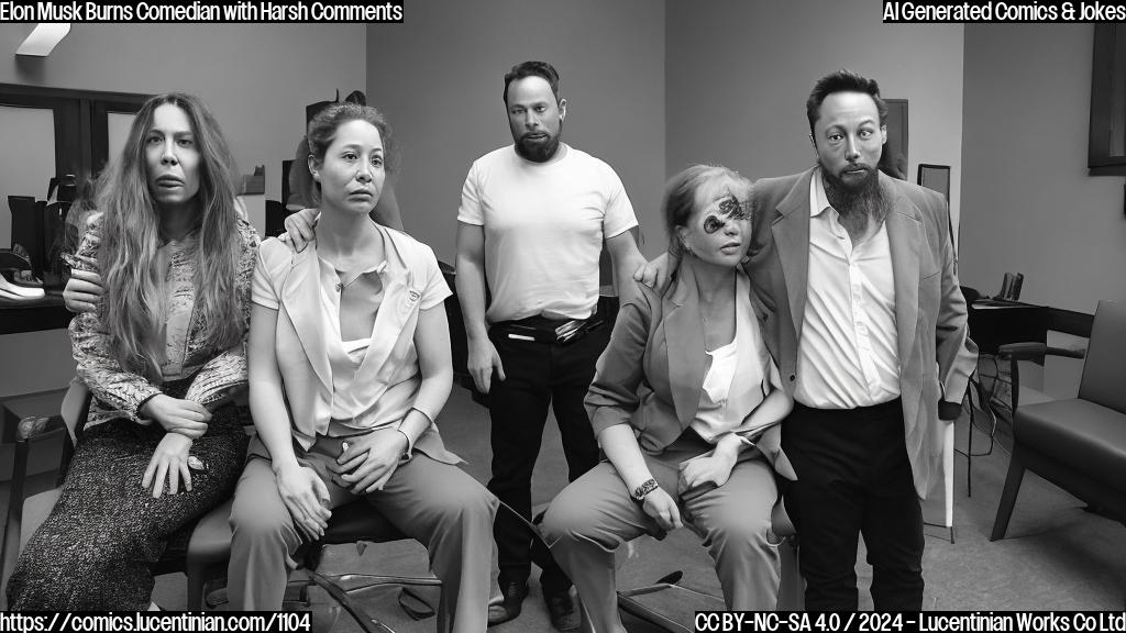 a woman comedian, 36 years old, sitting in a therapist's office, looking upset; an older man with a stern expression, representing Elon Musk, standing behind her, making a scathing comment; a few tears rolling down the woman's cheeks, symbolizing Chloe Fineman's emotional state after meeting Elon Musk.