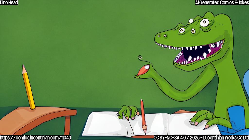 A cartoon style image of a green dinosaur with a large, rounded head sitting at a school desk, looking confused and holding a pencil. The background is a simple classroom setting with a chalkboard. The overall style is plain color and humorous.