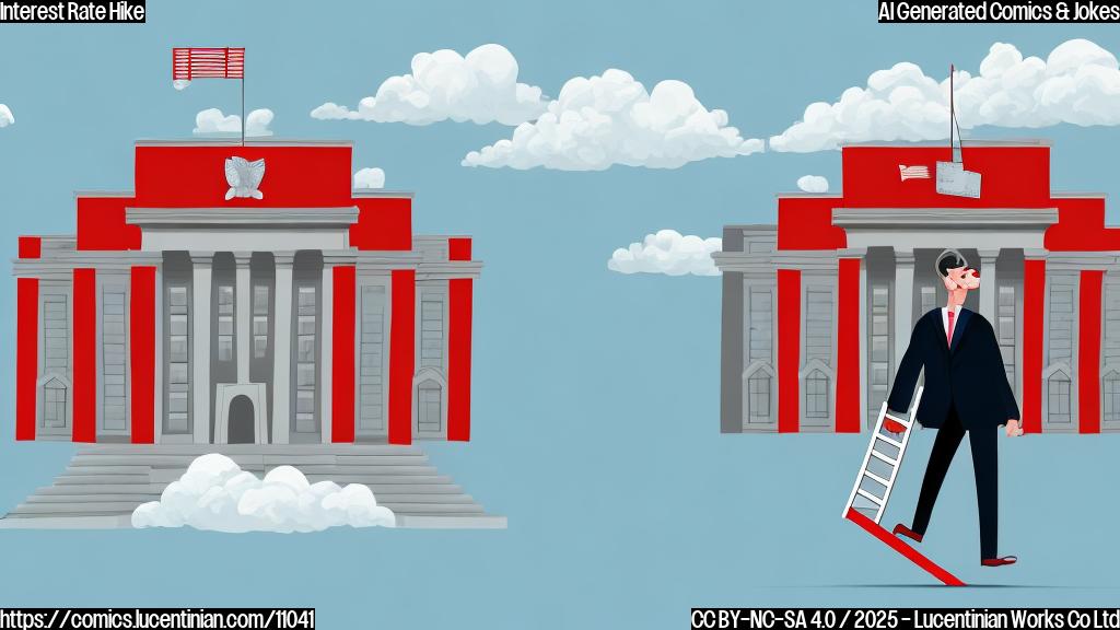 Cartoon illustration of a business person wearing a suit and tie, carrying a bright red ladder and placing it against a large, imposing grey building labeled "Federal Reserve". The style is simple and colorful, resembling a children's book illustration. The sky is light blue with fluffy white clouds.