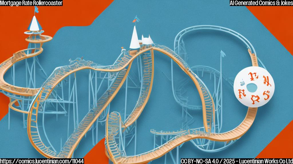 Cartoon style, plain light blue background, a simplified rollercoaster car with a surprised expression on its face holding a tiny mortgage document, exaggerated curves in the rollercoaster track representing mortgage rate volatility.