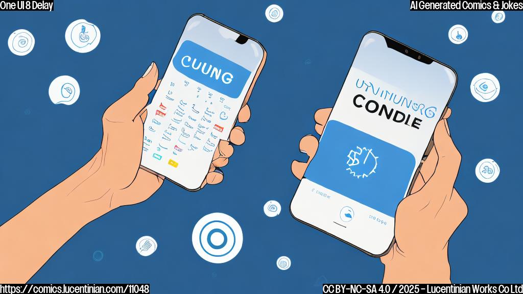 Cartoon style image, plain blue background: A person looking frustrated at a smartphone screen. The screen displays a loading icon and the words "One UI 8 - Coming Soon...Eventually!". A calendar next to the phone shows the month of October circled in red.