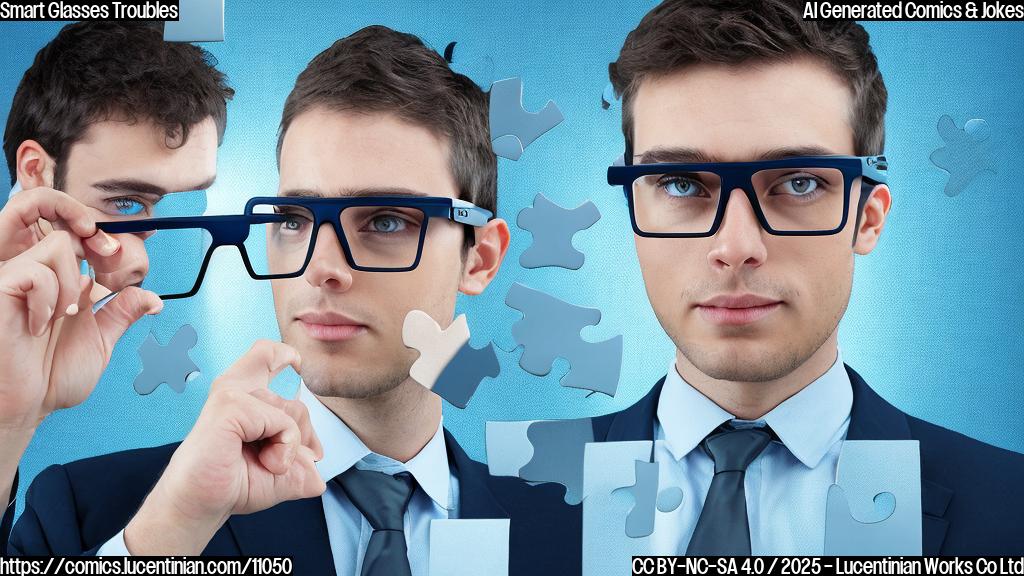 A person with a puzzled expression holding a pair of futuristic-looking smart glasses. The background is a plain, light blue color. Cartoon style.
