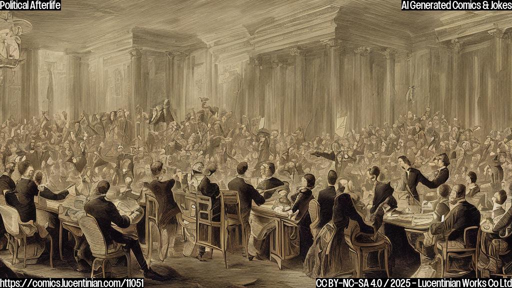 Plain color cartoon style picture depicting a group of people with stern faces, voting 'no' on a resolution. A faint, transparent figure with a crown is floating above them, smiling mischievously. The background is a generic congressional chamber.