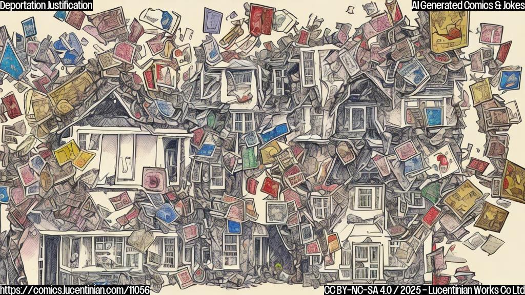 Cartoon illustration of a collapsing house of cards, each card depicting a bureaucratic document with stamps and official seals. A group of sad looking children with big eyes watching the house fall apart. Plain color background.