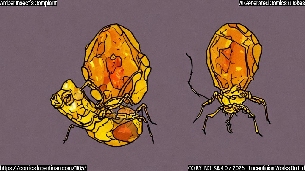 A brightly colored cartoon drawing of a tiny, disgruntled insect trapped inside a golden chunk of amber. The insect has crossed arms and a frowny face.
