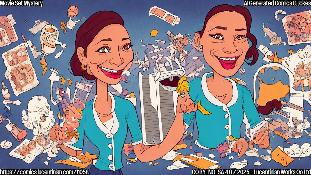 Cartoon illustration in plain color style. A female movie star with a radiant smile is wearing a white cardigan. The cardigan has a cartoon-style face of a male director on it. In the background, a messy movie set with scattered props and crew members looking confused.