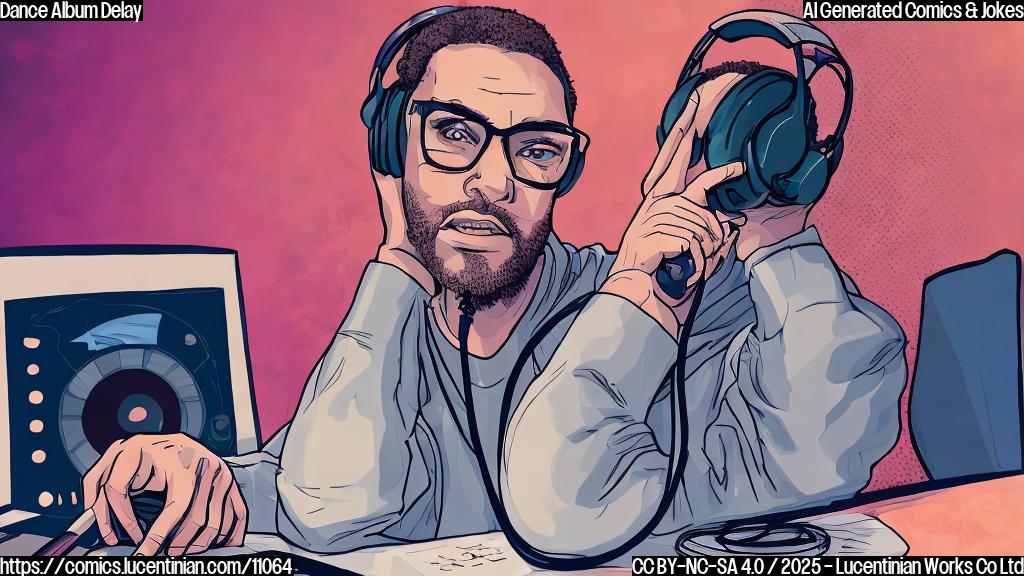 A cartoon image. A person with big glasses, wearing headphones, looks confused at a large calendar that shows the year 2026. The background is a recording studio with music equipment. The style is plain color cartoon.