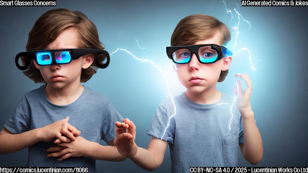 A worried cartoon child looking at a pair of cartoon smart glasses with suspicion. The glasses are glowing with an eerie light. Plain background.