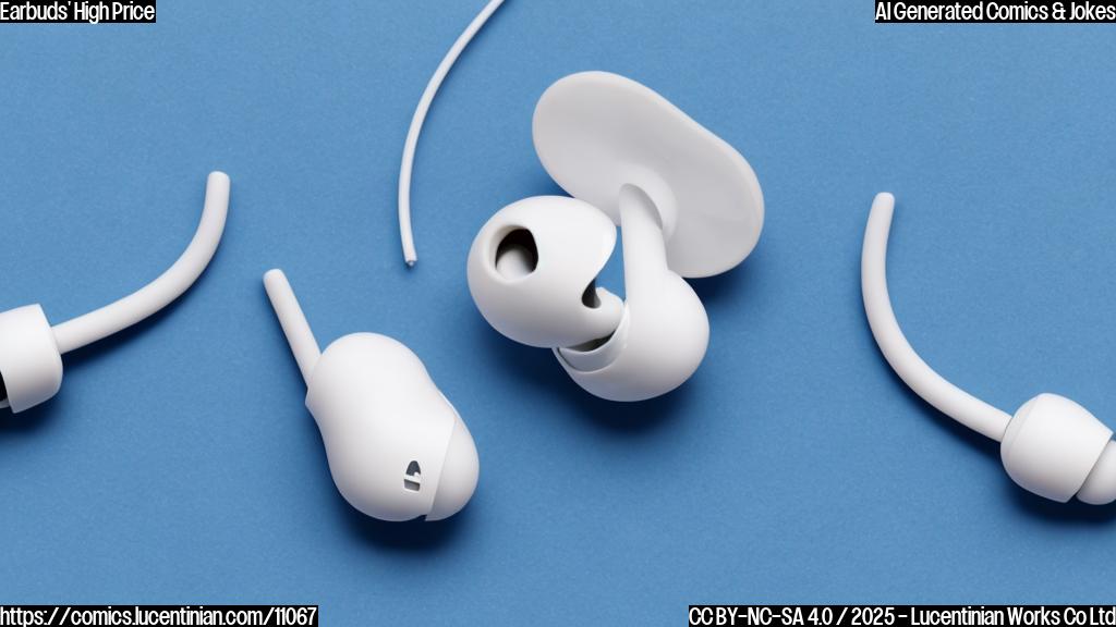 a pair of white cartoon earbuds with dollar signs floating around them, plain light blue background