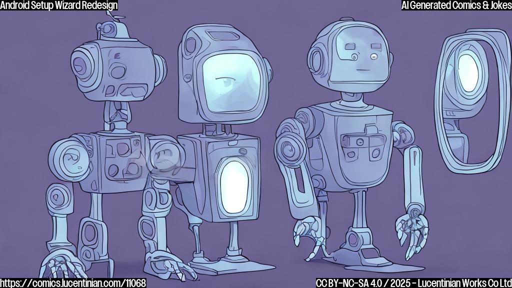 Plain color cartoon style image of an Android robot wearing a suit, standing in front of a mirror and admiring its reflection. The reflection shows a slightly more stylish and modern version of the robot. The robot has a confused expression on its face.
