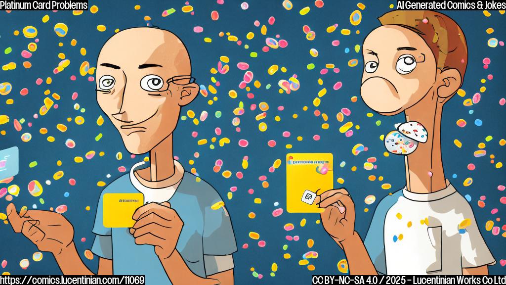 Cartoon style image of a person looking dejected, holding a Platinum-colored credit card with question marks floating around them. In the background, a tiny sundae with many sprinkles is visible. The overall color palette is muted and melancholic.