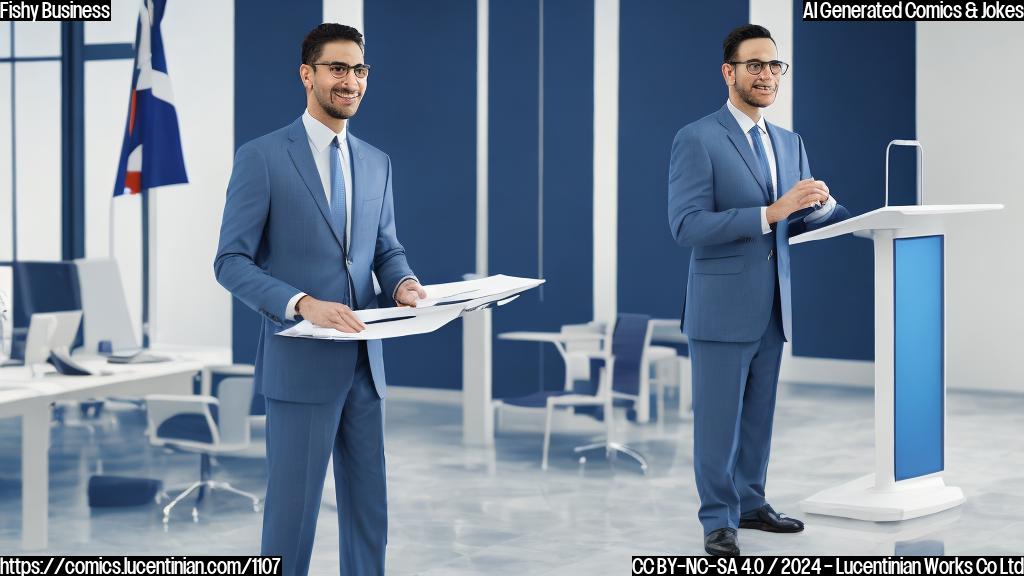 A corporate executive stands confidently in front of a podium, wearing a suit and holding a clipboard. A step stool is beside him, with a hint of a smile on his face. The background is a subtle gradient of blues and whites, evoking a sense of professionalism and authority.