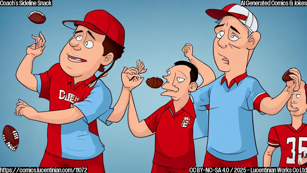 Cartoon style, plain background of light blue, a football coach wearing a red polo shirt and headset is angrily pointing at a tall player in a red jersey who is reaching for a hotdog the coach is holding. The coach has a stern expression, and the player looks slightly guilty.